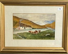 J Morgan (Welsh early 20th century), study of a Welsh long house in a valley, with cattle. signed