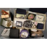 Plastic box of items to include: St John's ambulance badges and similar, chains, costume and other