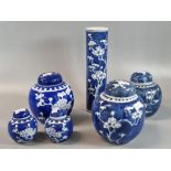 Collection of five similar Chinese blue and white Prunus ginger jars and covers together with a 19th