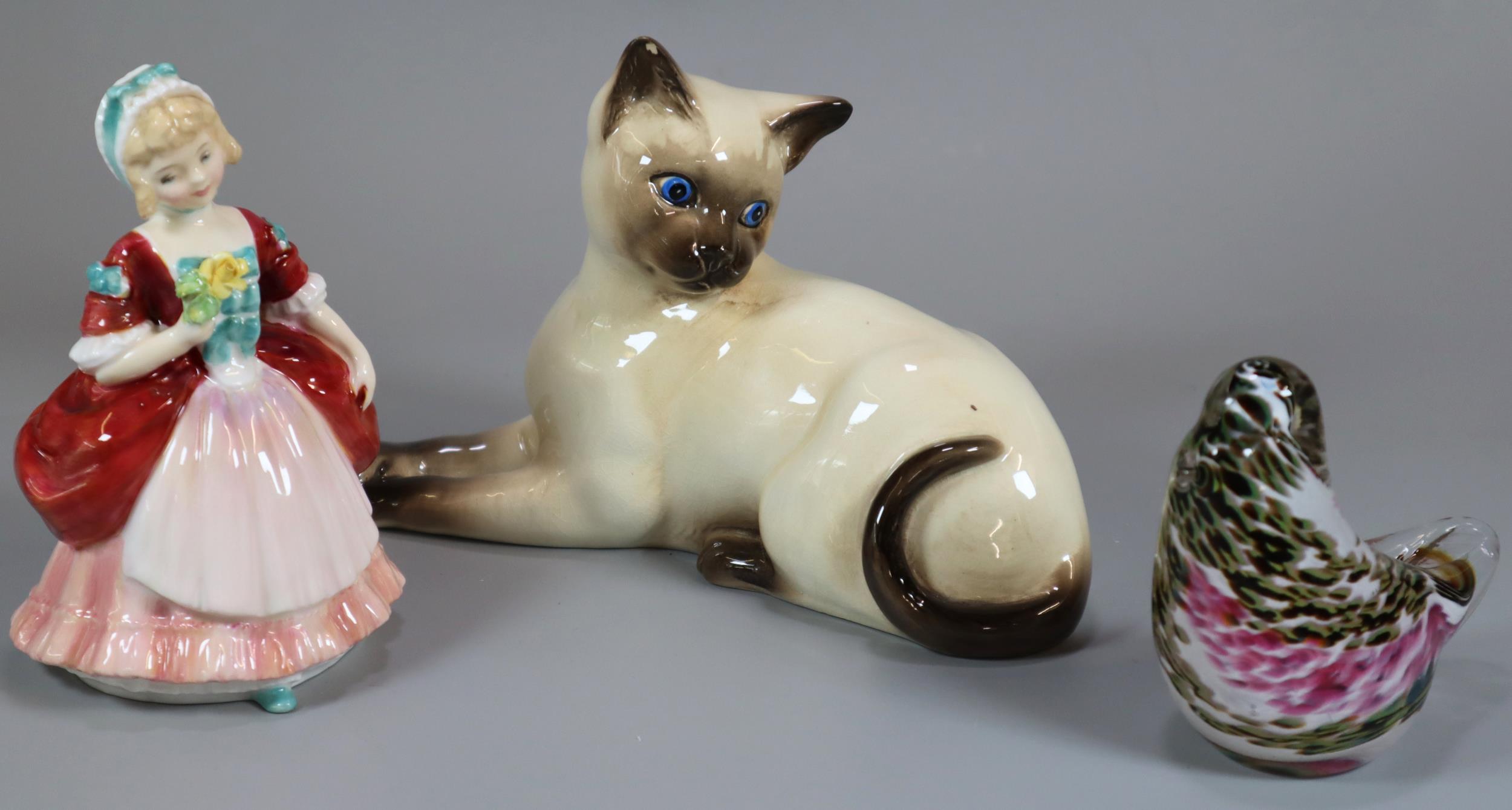 Royal Doulton bone china figurine 'Valerie' together with a Beswick 1358 Siamese recumbent cat and a