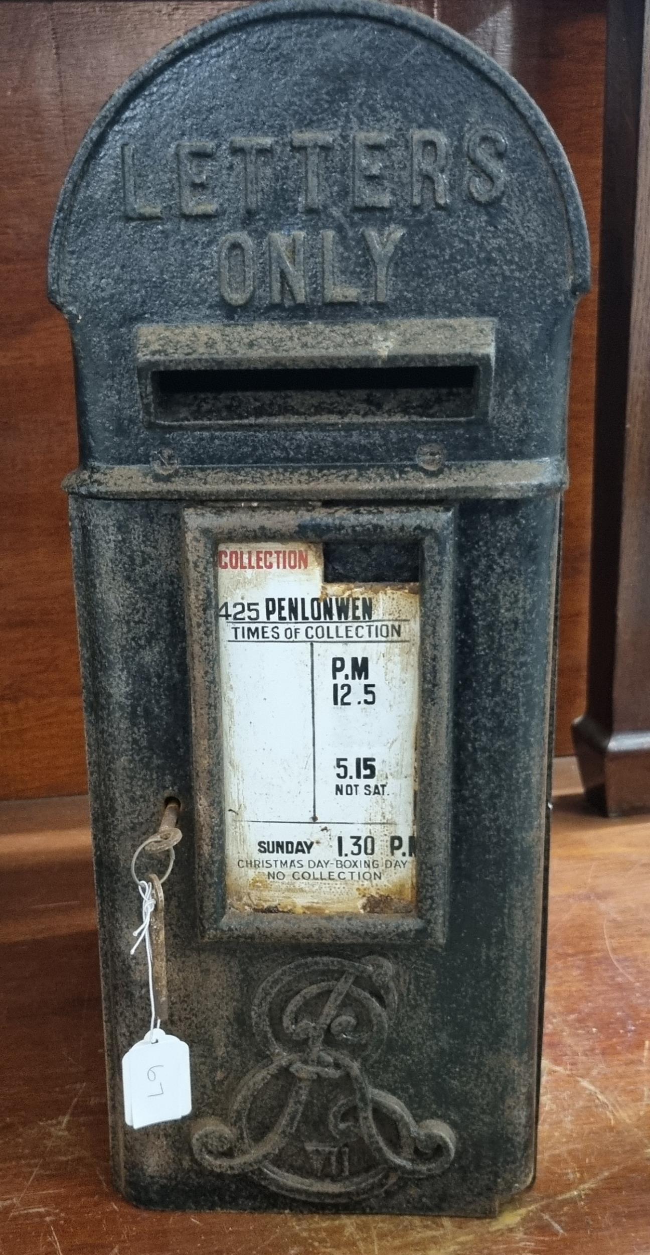 Edward VII cast iron dome top post box with original enamel insert marked 'Penlonwen',