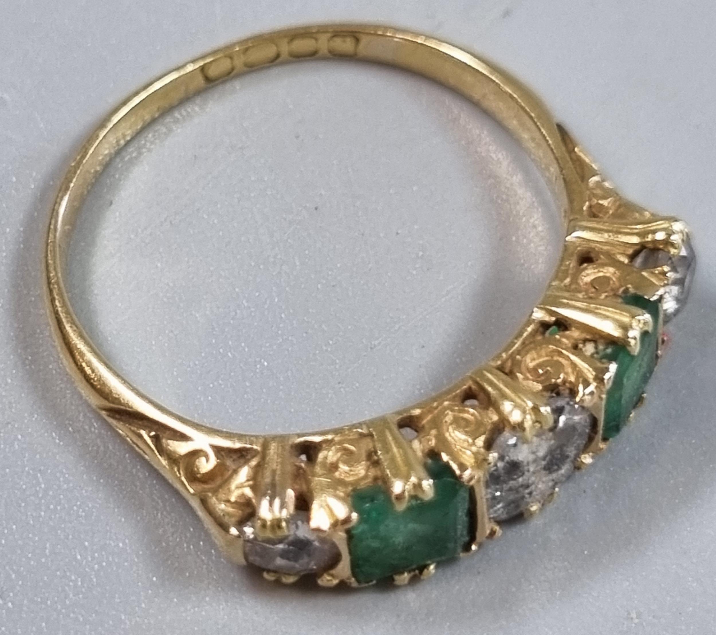 Probably 18ct gold diamond and emerald five stone ring, set with old cut diamonds, the centre - Image 3 of 4