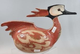 Unusual modern pottery polychrome study of a stylised duck. Indistinct initial to the inside. 30cm