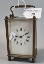 20th century French brass carriage clock with fluted gorge case and full depth Roman dial. With key.