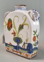 Italian earthenware twin handled flask vase or tea caddy, hand painted with flowers and foliage,