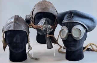 RAF military beret, pair of tinted goggles, leather flying helmet and leather flying helmet with