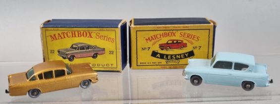 Matchbox Lesney No. 7 diecast car 'Ford Anglia' in original box, together with similar No. 22 '