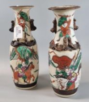 Pair of Chinese export porcelain polychrome Warrior vases. Late Qing Dynasty. Brown Chenghua mark to