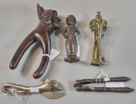 Collection of assorted nut crackers etc. to include: German wooden Monk's head, brass elephant and