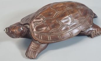 Oriental, probably Japanese carved wood study of a turtle, with glass eyes. 15.5cm ling approx. (B.