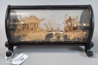 Chinese export novelty carved cork depiction of pavilions, trees and bridge and wading birds, all in