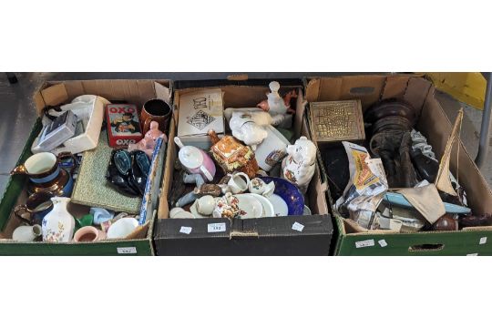 Three boxes of oddments to include: spelter figurine, carved Oriental figures, cottage ware