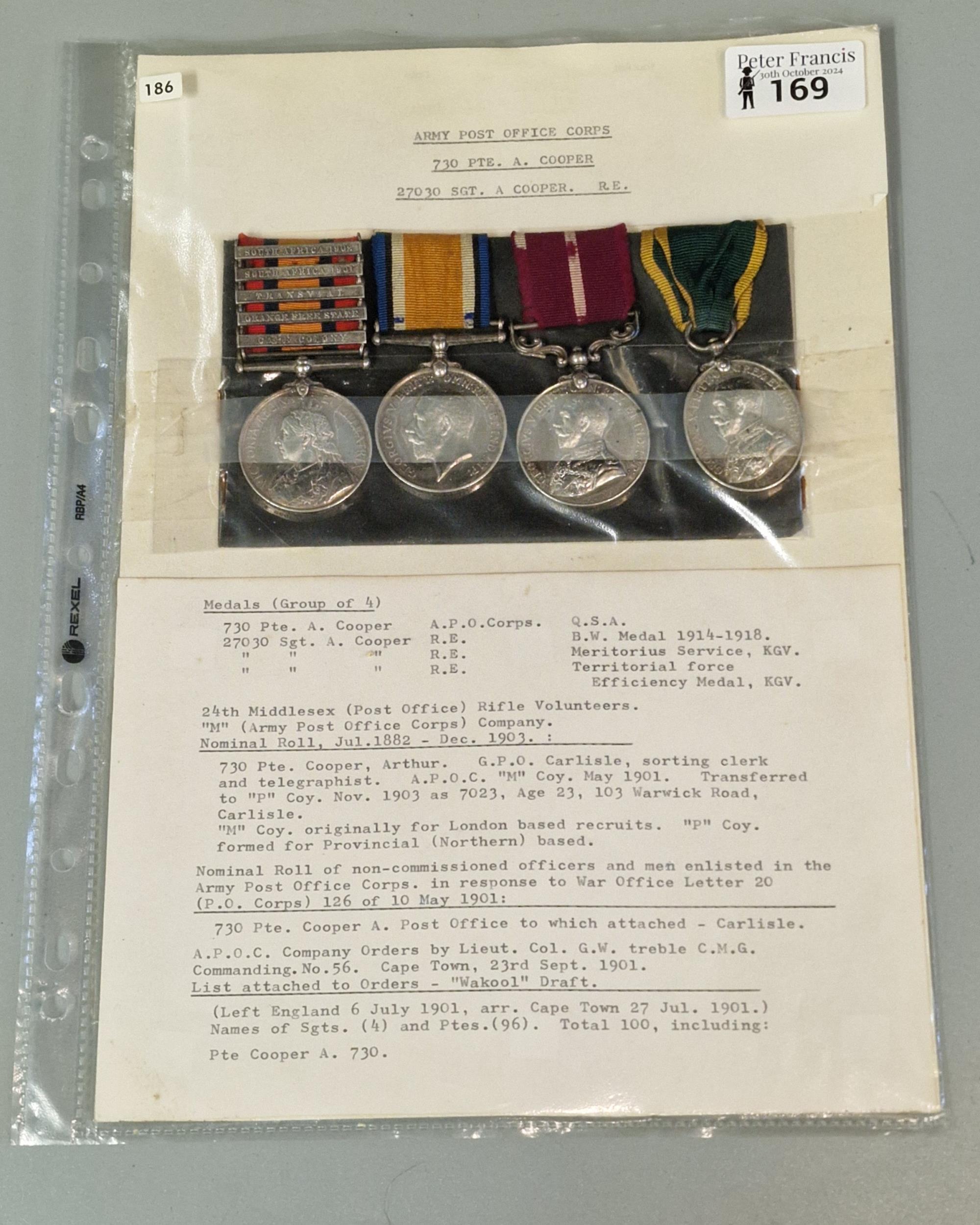 Queen Victoria South Africa Medal Group awarded to 730 Pte A Cooper - 27030 Sargent A Cooper Army