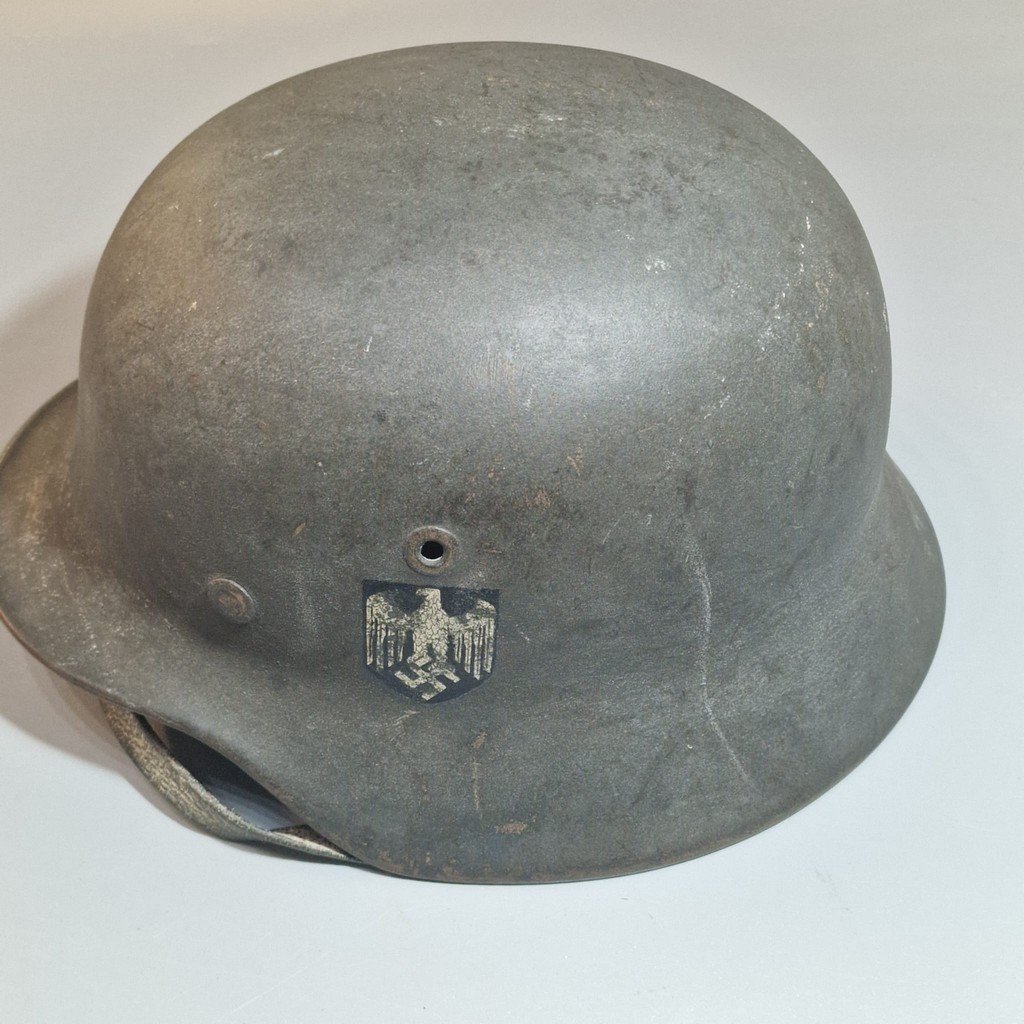 German Third Reich M42 single decal helmet, with leather liner and chinstrap. Unclear markings - Image 4 of 9