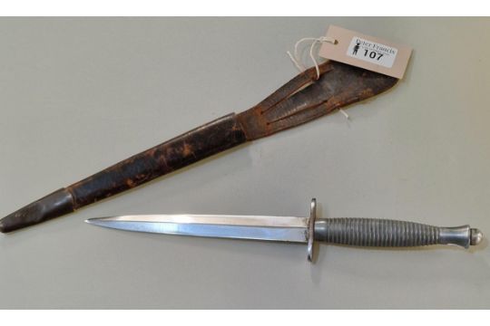 British Third Pattern Fairbairn Sykes commando fighting knife having white metal handle, un-named.