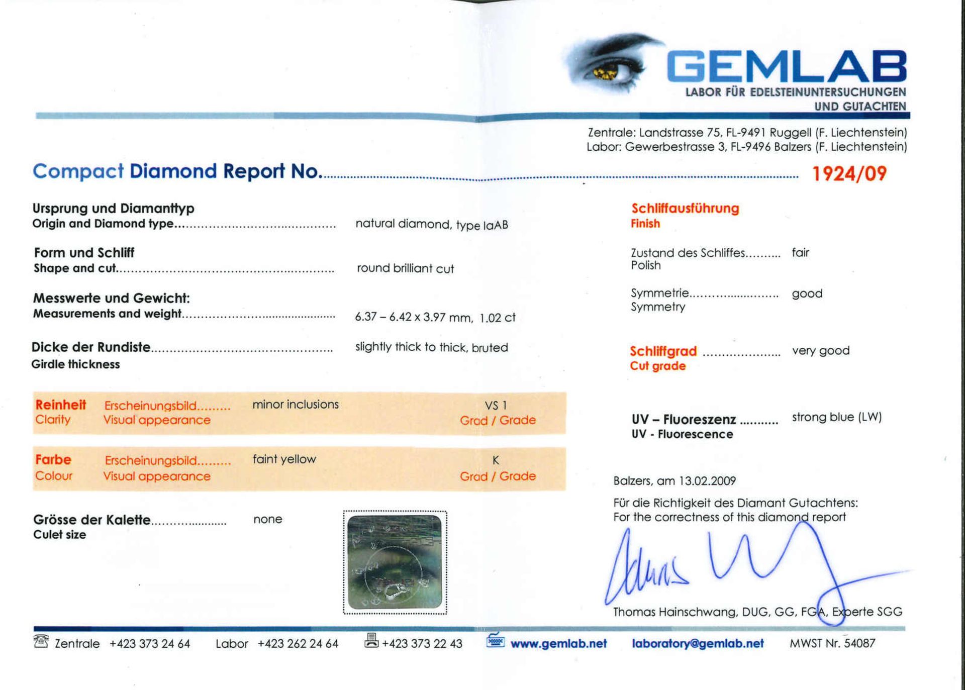 Ungefasster Brillant Ein ungefasster Brillant von ca. 1,02 ct (K/VS1) mit GEMLAB-Report Nr. 1924/ - Bild 4 aus 4