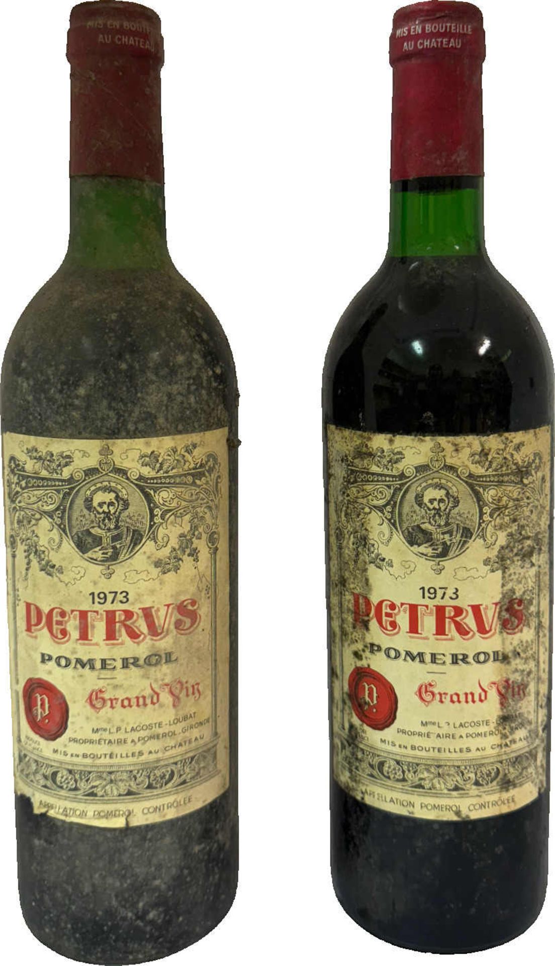 Château Pétrus, Pomerol 2 Flaschen 0.75 l, 1973, stark verschmutzt, Ende des Halses/Obere