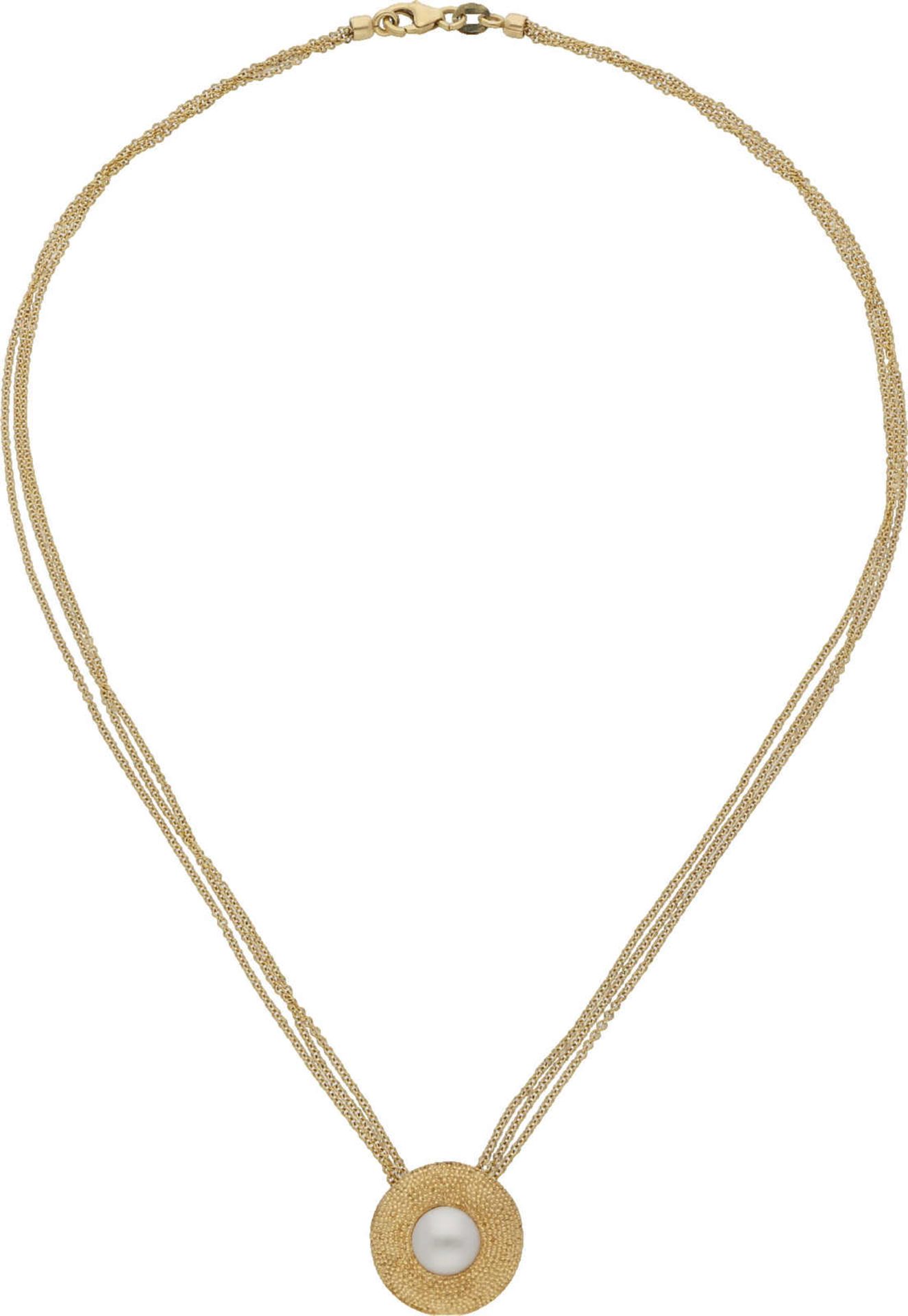 Perlen-Schmuck-Set Modernes Design, signiert Juwelier Kurz, in Gelbgold 18K, Set bestehend aus einem