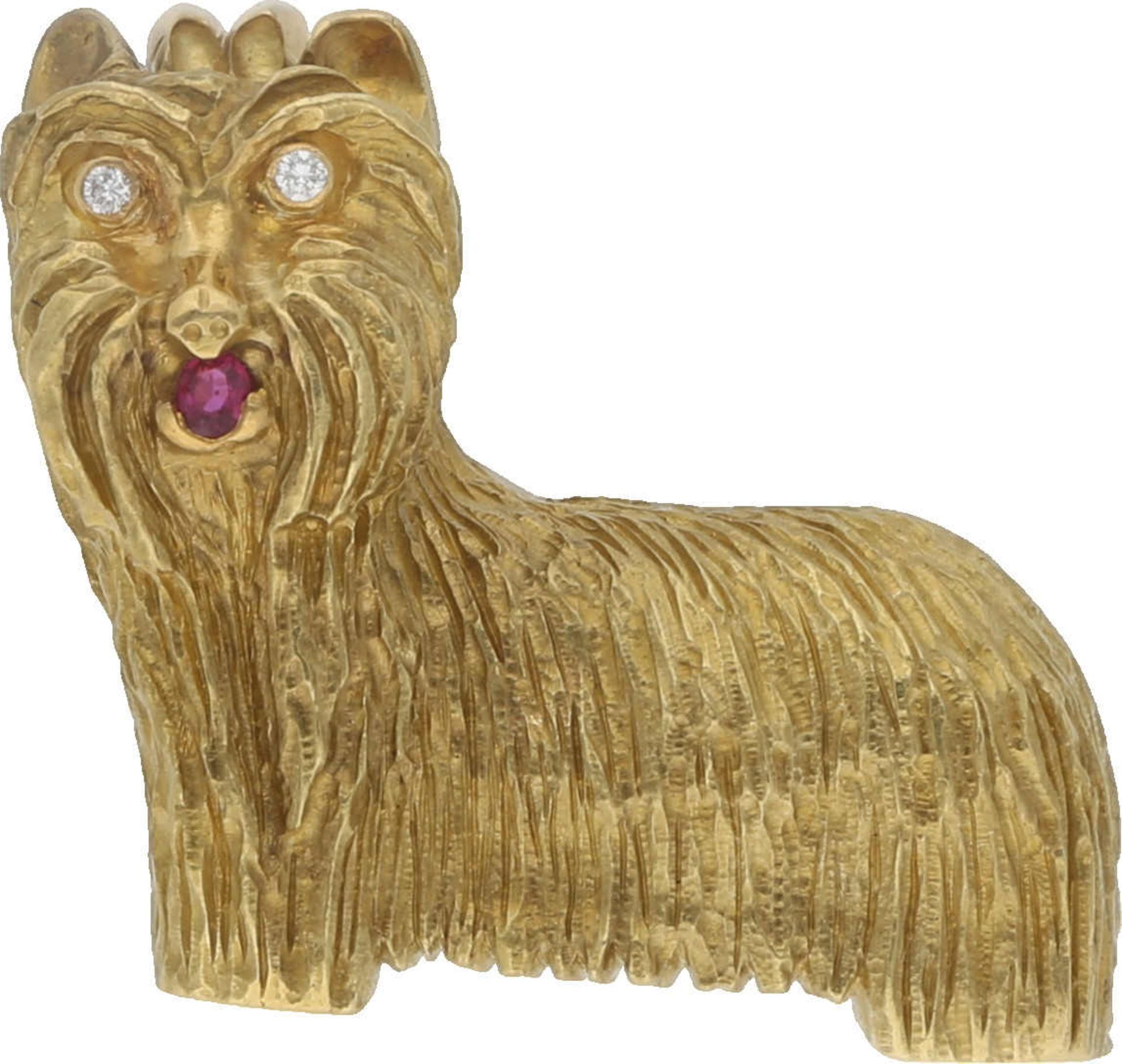 Brosche Terrier-Hunde Brosche in Gelbgold 18K detailgetreu ausgearbeitet, mit 2 Brillanten von ca.