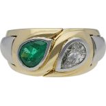 Smaragd-Diamant-Ring Modernes Design in Gelbgold/Weissgold 18K mit 1 Diamanten im Tropfenschliff von