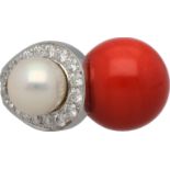 Korallen-Perlen-Brillant-Ring Designer Schmuckstück in Weissgold 18K mit einer feinen