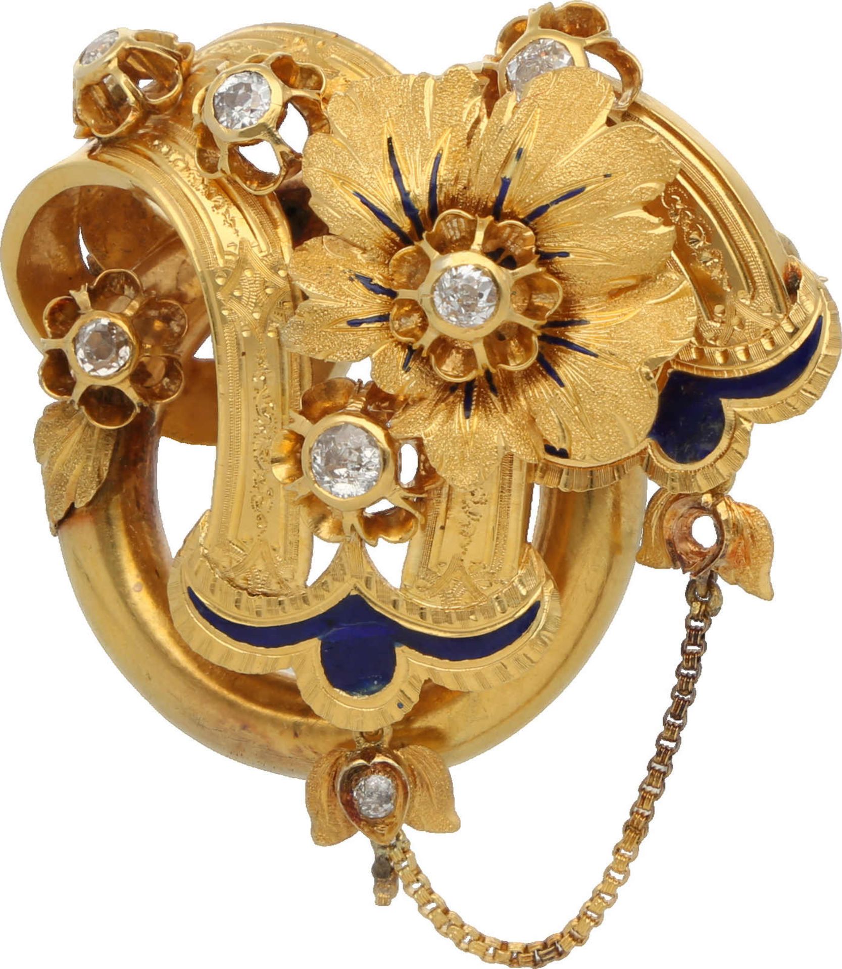 Diamant-Brosche Antike Brosche im floralen Design mit zartem Kettchen in Gelbgold 18K und mit