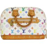 LOUIS VUITTON ALMA Handtasche White Multicolor Monogram Canvas Lässige Handtasche mit goldfarbenen