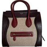 CÉLINE MINI LUGGAGE Gepflegte Tasche mit beigem Canvas, dunkelbraunen und dunkelroten Ledereinsätzen