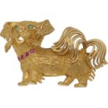 Hunde-Brosche Niedliche Hunde-Brosche in Gelbgold 18K mit 2 Smaragden von ca. 0,04 ct als Augen
