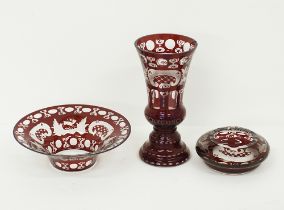 Three Bohemian ruby red and clear engraved art glass