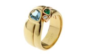 Ring 15.59g 750/- Gelbgold mit Diamant ca. 0.03 ct.. Smaragd und Aquamarin. Ringgroesse ca. 57