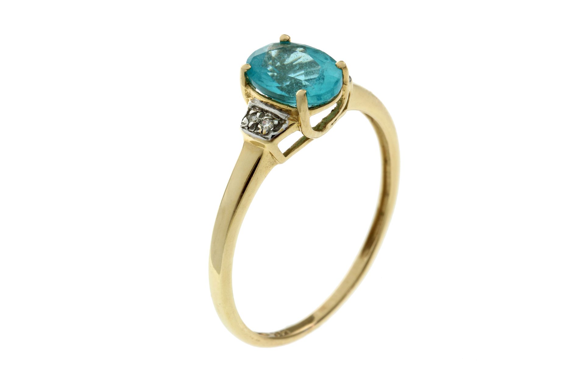 Ring 2.1g 585/- Gelbgold und Weissgold mit 4 Diamanten zus. ca. 0.04 ct. und Farbstein. Ringgroesse