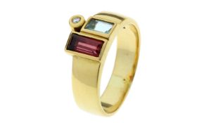 Ring 6.66g 750/- Gelbgold mit Diamant ca. 0.02 ct. und Farbsteinen. Ringgroesse ca. 56