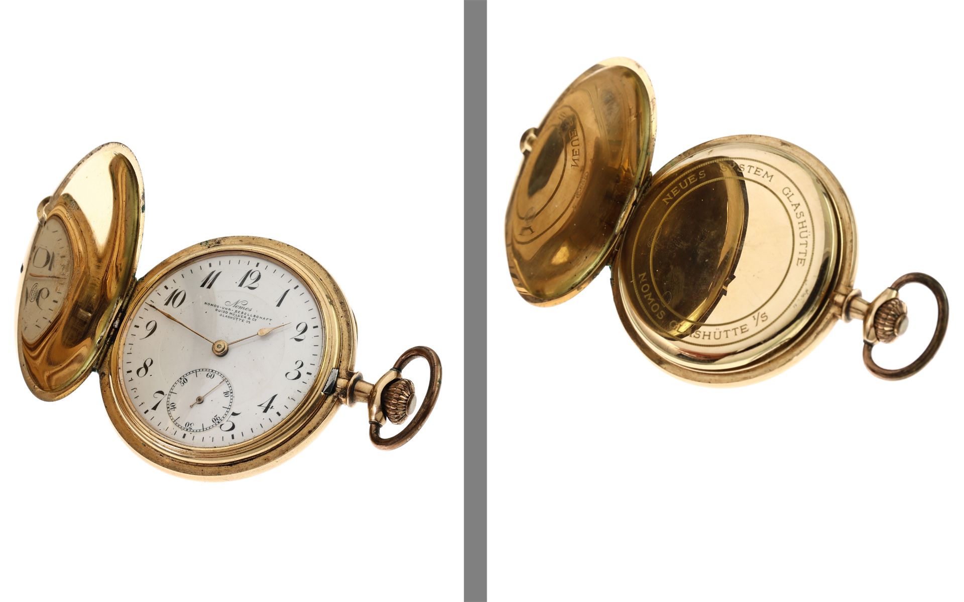 Taschenuhr Nomos 86.16g 585/- Gelbgold Handaufzug. Uhr funktioniert nicht. 3 Goldeckel. Uhrenkette i - Image 2 of 3