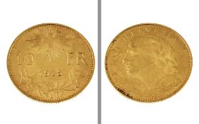 Goldmuenze Vreneli 10 Franken 3.21g 900- Gelbgold 1915