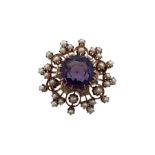 Brosche 6.76g 585/- Rotgold mit Amethyst und Perlen