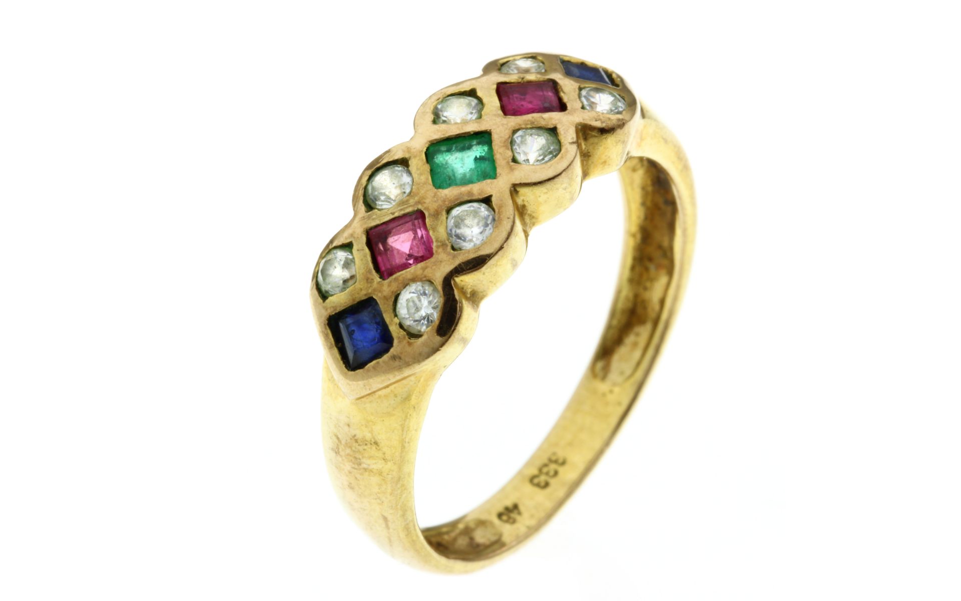 Ring 2.68g 333/- Gelbgold mit Smaragd. Rubinen. Saphiren und Zirkonia. Ringgroesse ca. 54