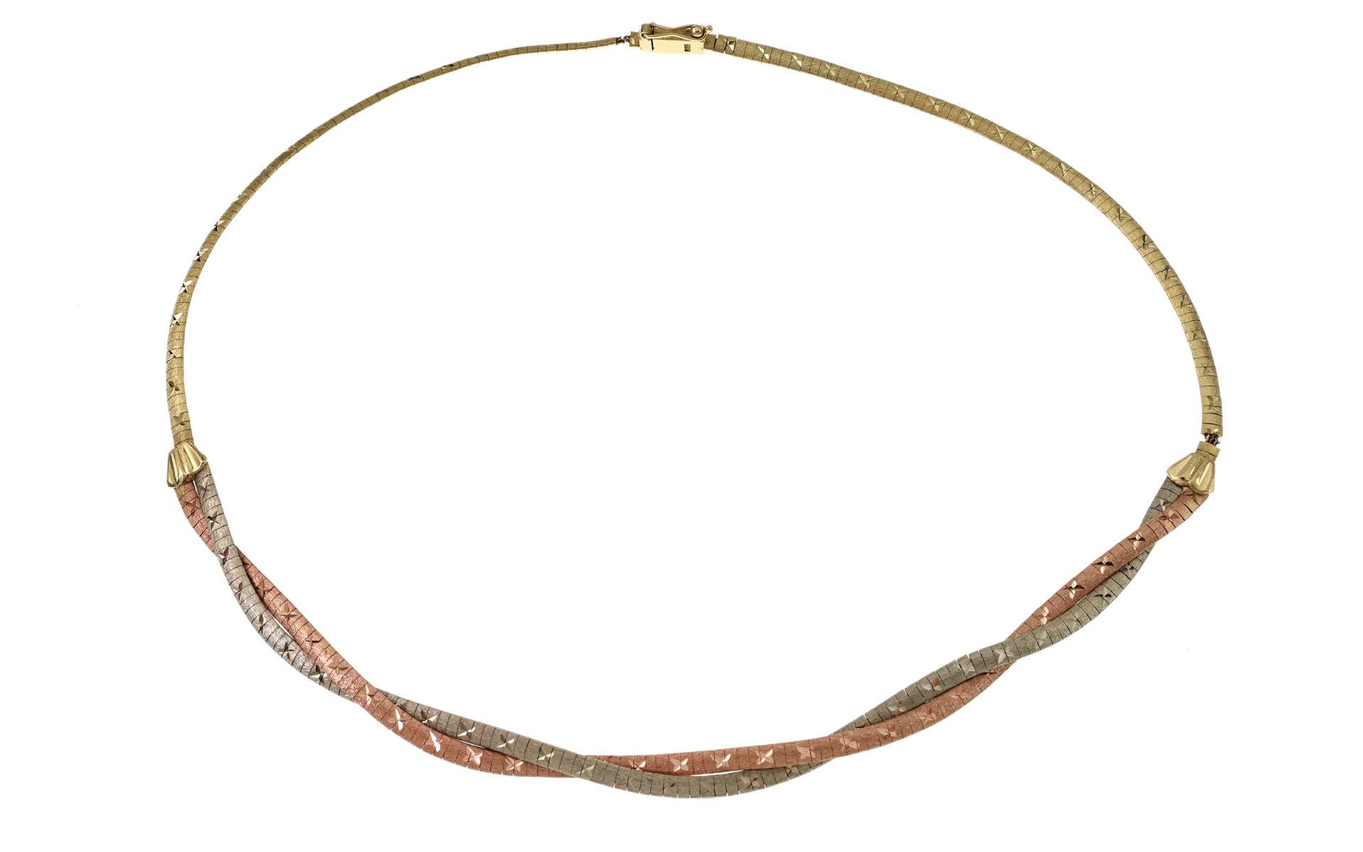 Collier 24.32g 585/- Gelbgold. Weissgold und Rotgold. Laenge ca. 44.50 cm