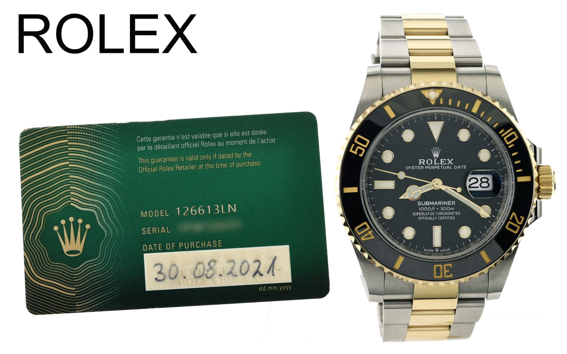 Rolex Submariner Ref. 126613LN Automatik 750/- Gelbgold/Edelstahl. ohne Box und mit Papiere. Kaufdat