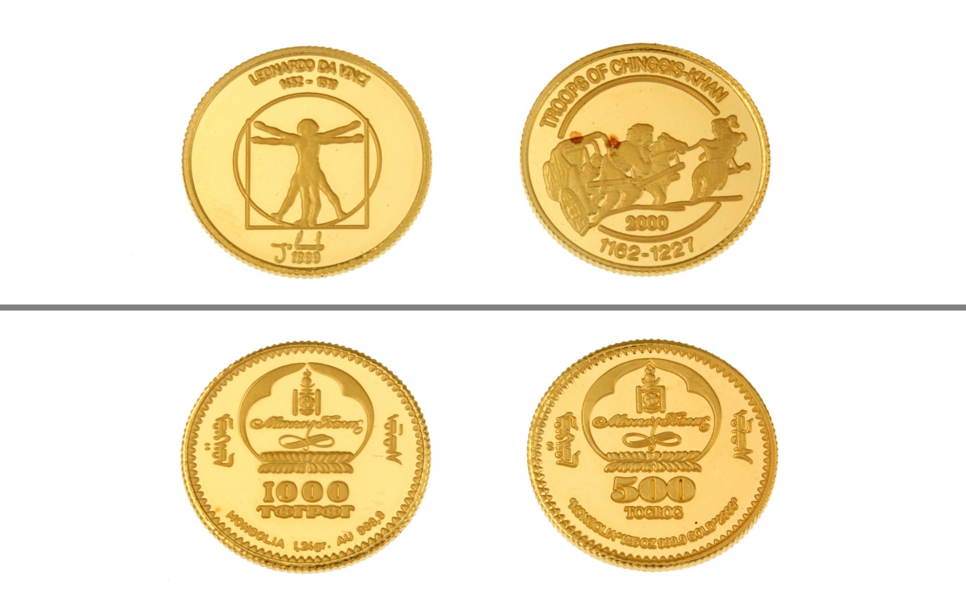 2 Goldmuenzen Mongolia 2.48g 999/- Gelbgold