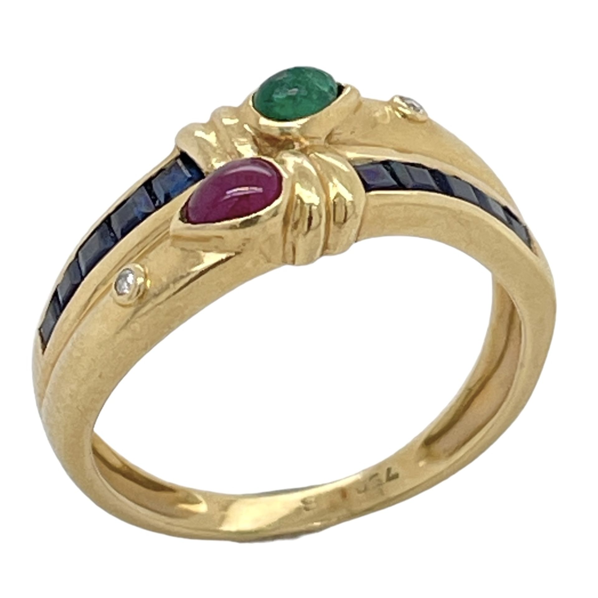 Ring 4.19g 750/- Gelbgold mit 2 Diamanten zus. ca. 0.02 ct.. Smaragd. Rubin und Saphiren. Ringgroess