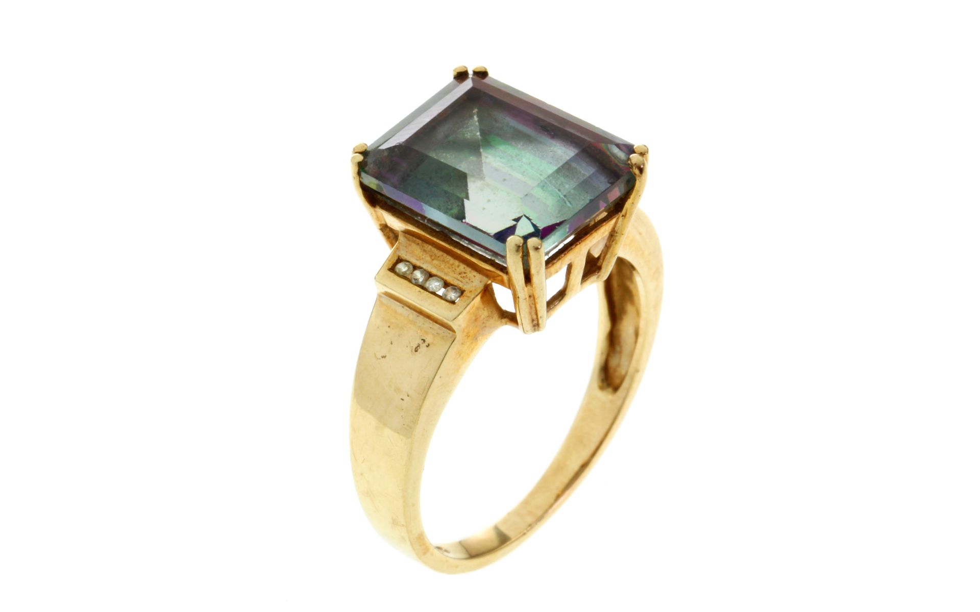 Ring 4,57g 375/- Gelbgold mit 8 Diamanten zus. ca. 0,08 ct. und Farbstein, Ringgröße ca. 56