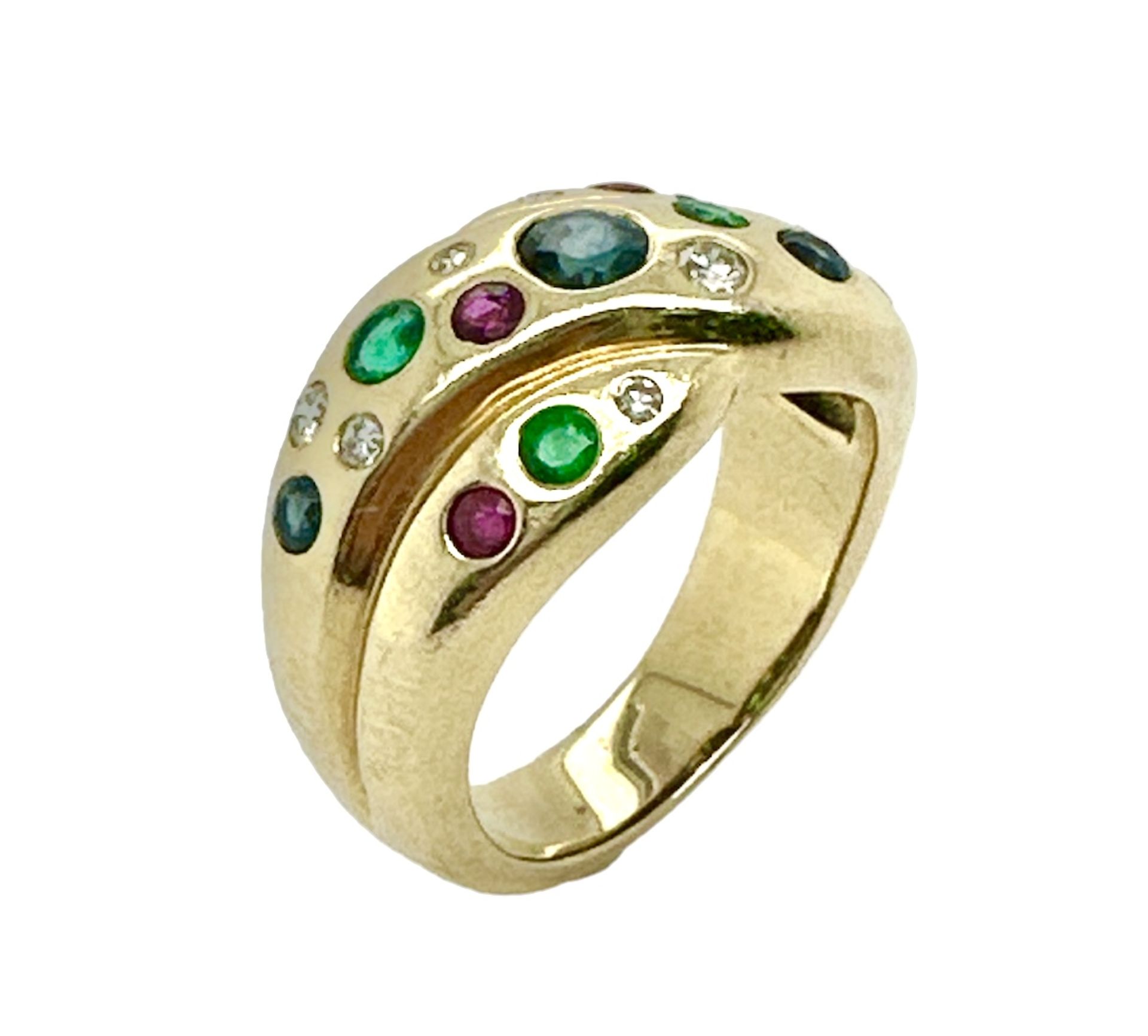 Ring 7,91g 585/- Gelbgold mit 7 Diamanten zus. ca. 0,15 ct., Saphiren, Rubinen und Smaragden, Rin...