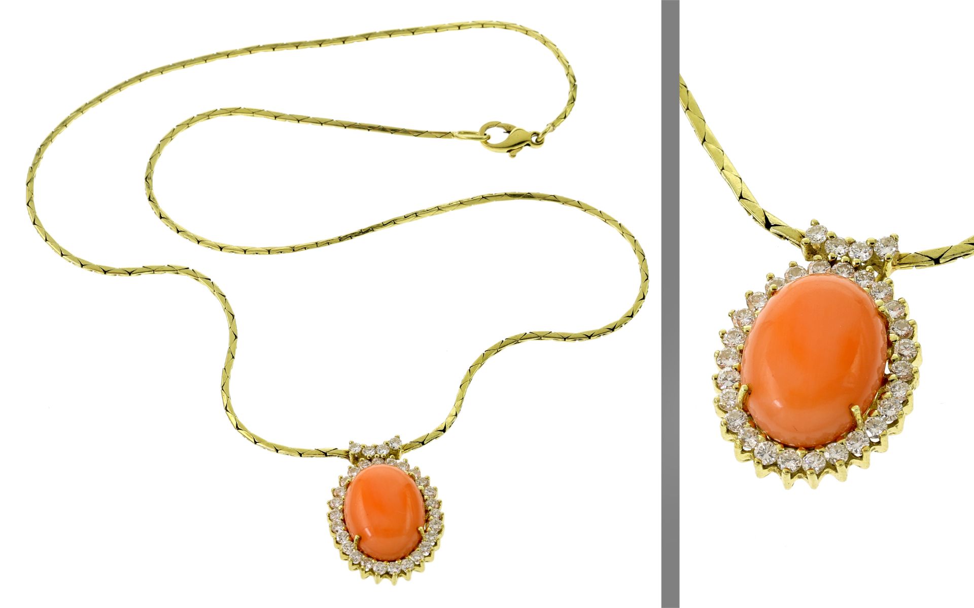 Collier 11,86g 585/- Gelbgold mit 30 Diamanten zus. ca. 0,90 ct. und Engelskorallen, Länge ca. 41...