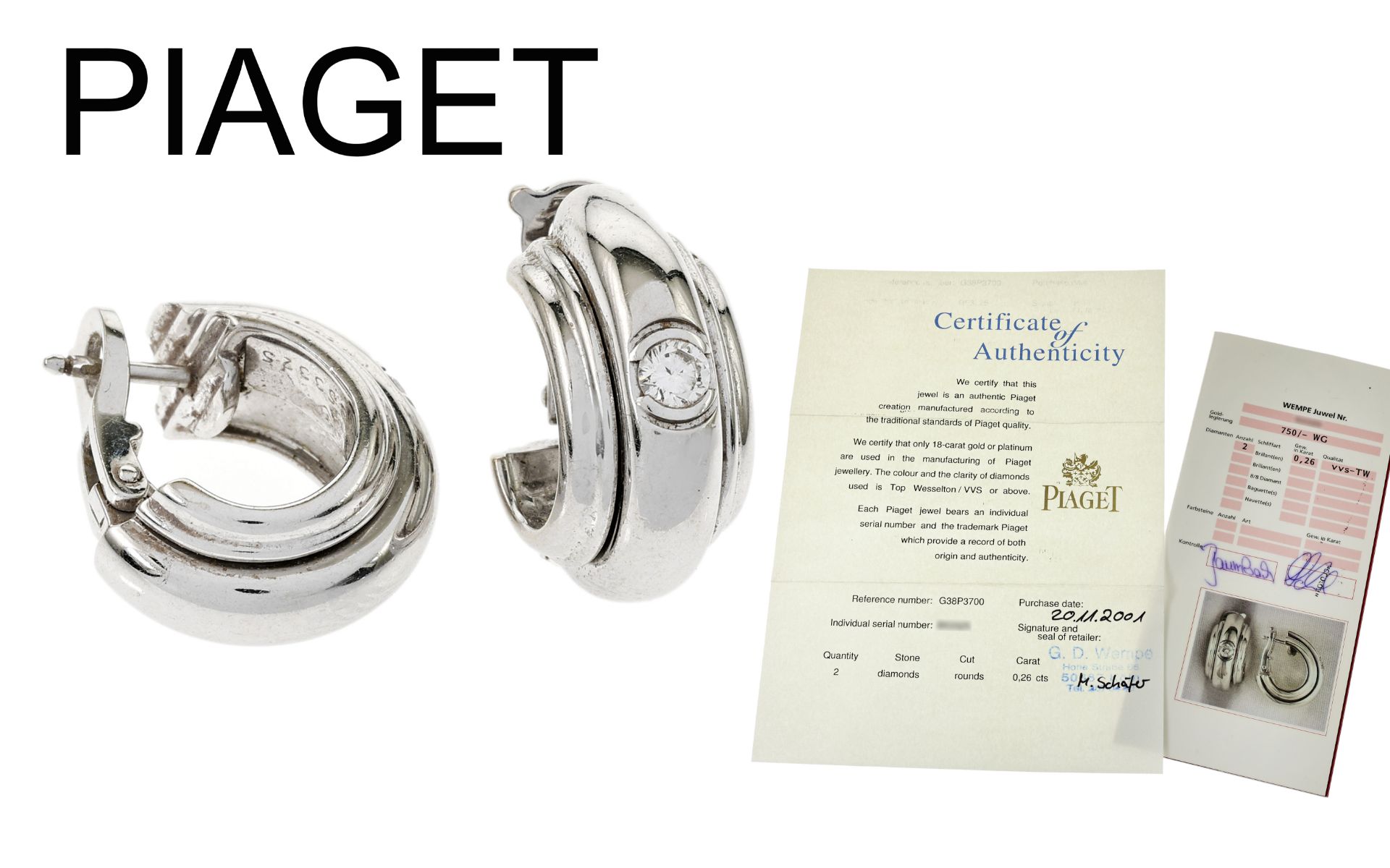 Piaget Creolen 15,02g 750/- Weissgold mit 2 Diamanten zus. ca. 0,26 ct. TW/vvs, mit Zertifikat von..