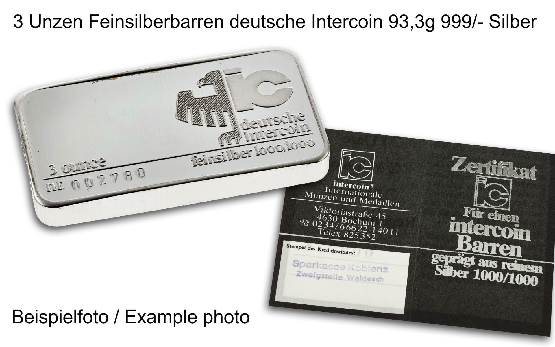 3 Unzen Feinsilberbarren deutsche Intercoin 93,3g 999/- Silber