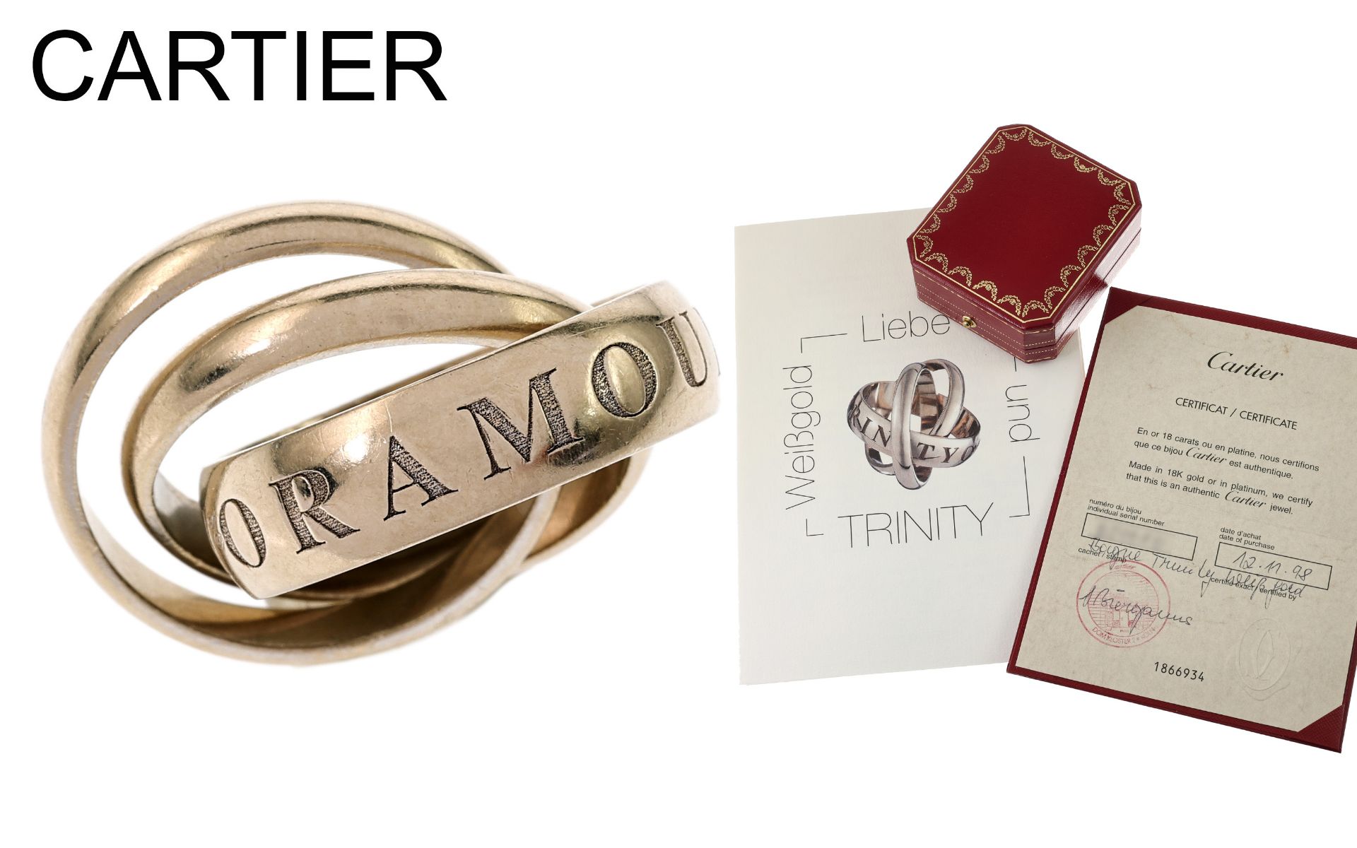 Cartier Trinity Ring 10,21g 750/- Weissgold, Ringgroesse ca. 49, mit Zertfikaten und Etui