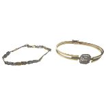 1 Armreif, 1 Armband 10,06g 585/- Gelbgold und Weissgold mit Steinen