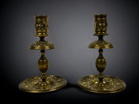 A pair of 19th century Grand tour French bronze candlesticks. Stylised foliate design.