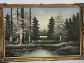 A LARGE OIL PAINTING OF WOODLAND SCENE. In gilt frame. 100 x 70 cm
